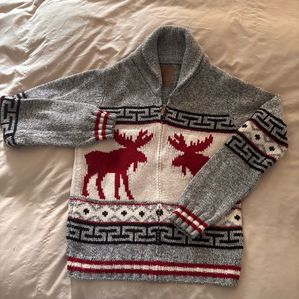 Canadiana Girls Large (women xs?) Knit Zip Cardigan Moose Maple Leaf Canada